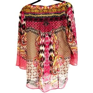 Hale Bob Vibrant Pink Black & Mustard Geometric Floral Pattern Top Size Medium